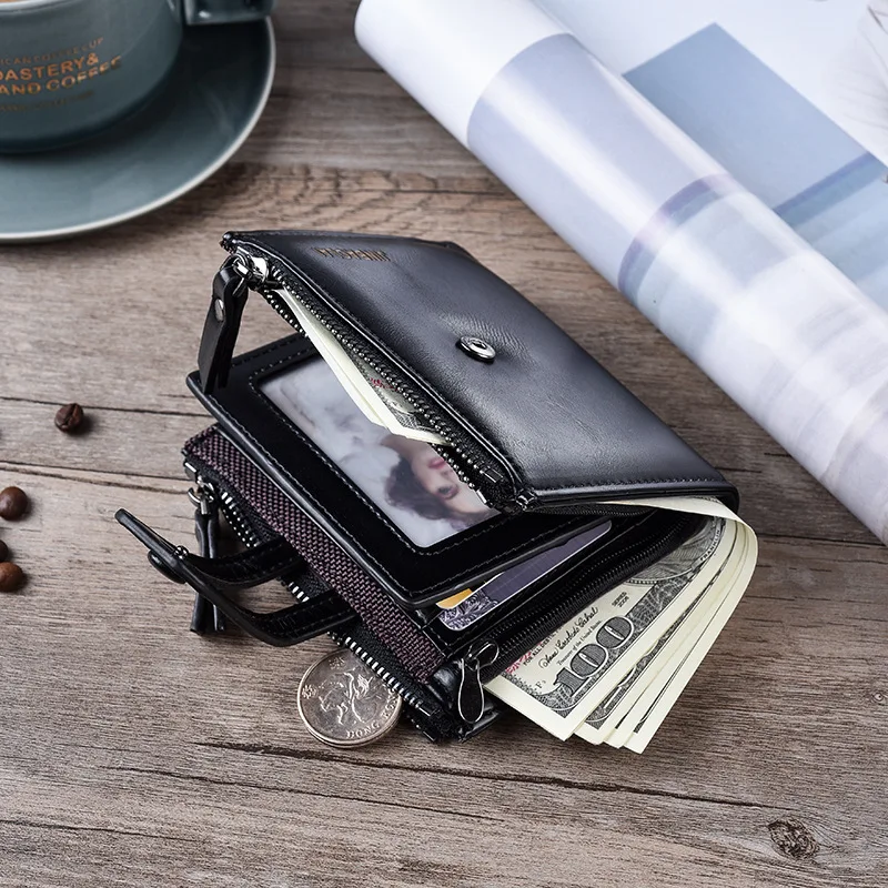 Men Wallets Leather Double Zipper Card Holder Short Male Purse Coin Pocket Vintage Brand High Quailty Men Wallets