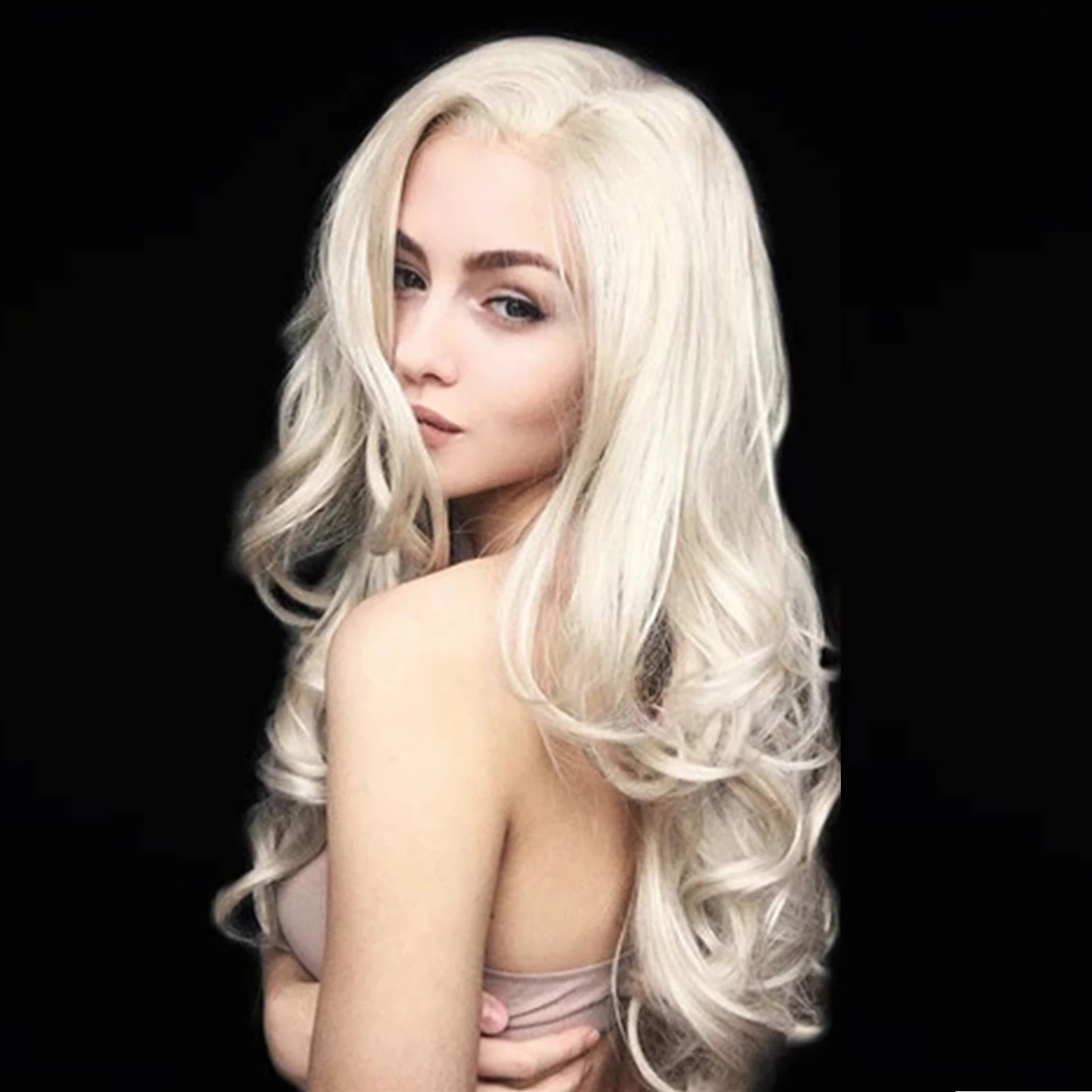 

BTWTRY Platinum Blonde Synthetic Lace Front Wig #60 Color Long Wavy Wigs Half Hand Tied Replacement Wig for Women Daily Wear