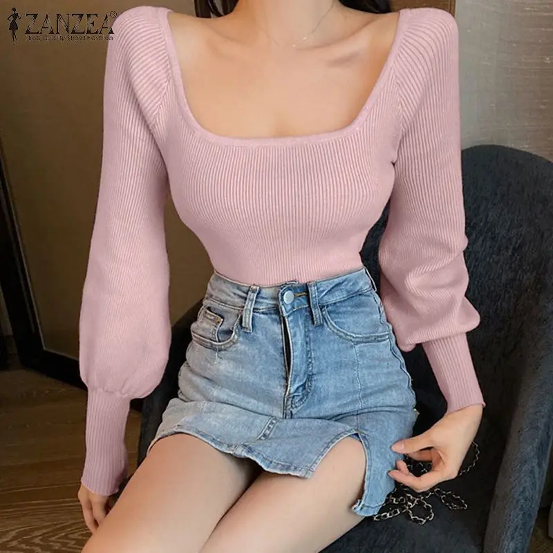 

Women Bodycon Knitted Tops Oversized Chemise Lady Party Casual Blusas ZANZEA Fashion Solid Tees 2022 Spring Long Sleeve T-Shirts