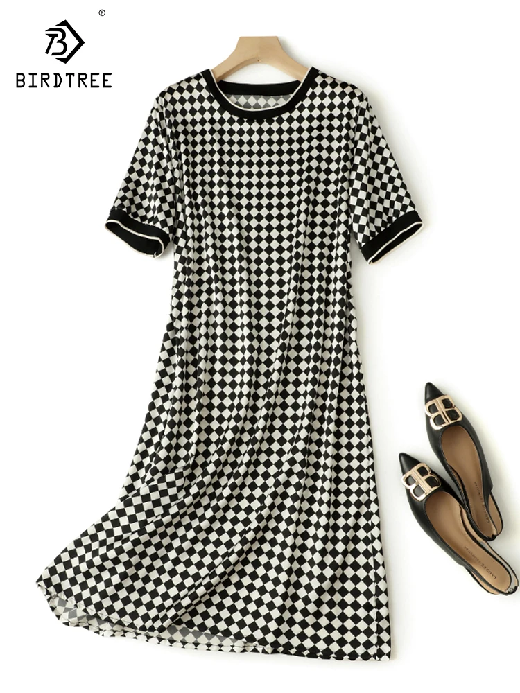 Birdtree 93%Mulberry Silk 7%Spandex Checkerboard Dress 2023 Summer New Style Temperament Round Neck Short Sleeve Dress D37588QC