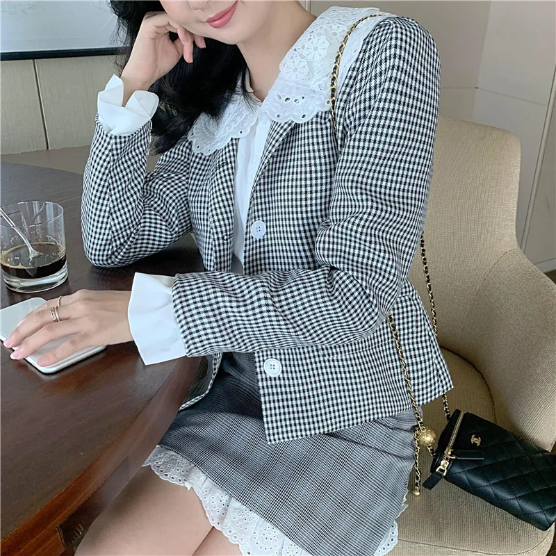 Women Lace Peter Pan Collar Plaid Short Blazers Slim Single Button Lolita Style Chic Suit 2021 New Fashion Spring Autumn Blazer