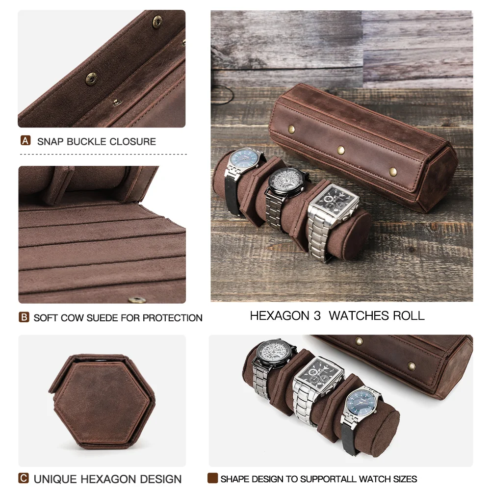 CONTACT'S FAMILY Retro Leather 3 Slots Watch Roll Retro Travel Case Chic Portable Display Jewelry Bracelet Storage Box Organizer