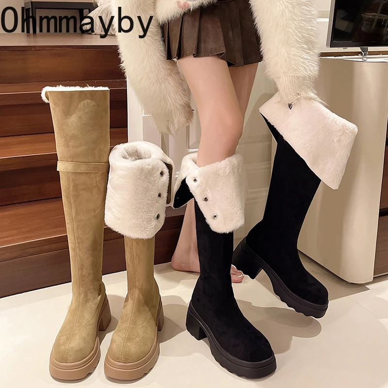 Женские теплые плюшевые высокие сапоги на платформе модные до колена без