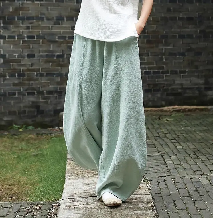 

Spring Summer 2023 Cotton Linen Style Bloomers Wide Leg Pants Women Vintage Full Length Elegent Pants Solid Elasitic Waist S-5XL