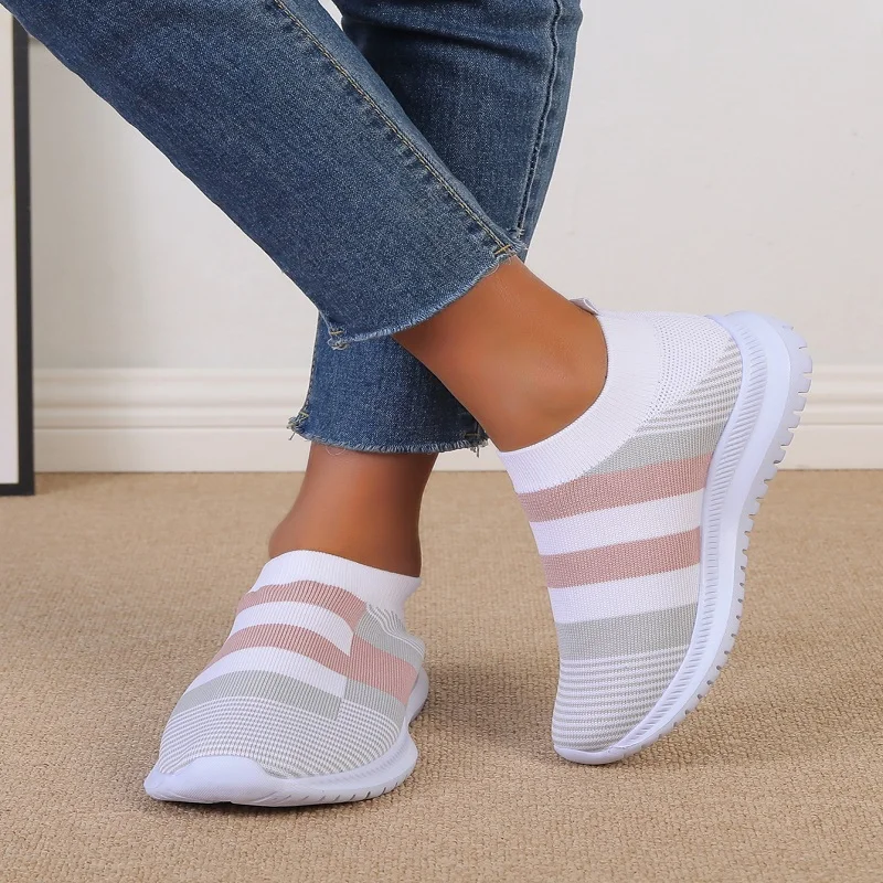 

Women Vulcanized Shoes High Quality Women Sneakers Slip On Flats Shoes Women Loafers Colorblock Stripes Plus Size Walking Flat