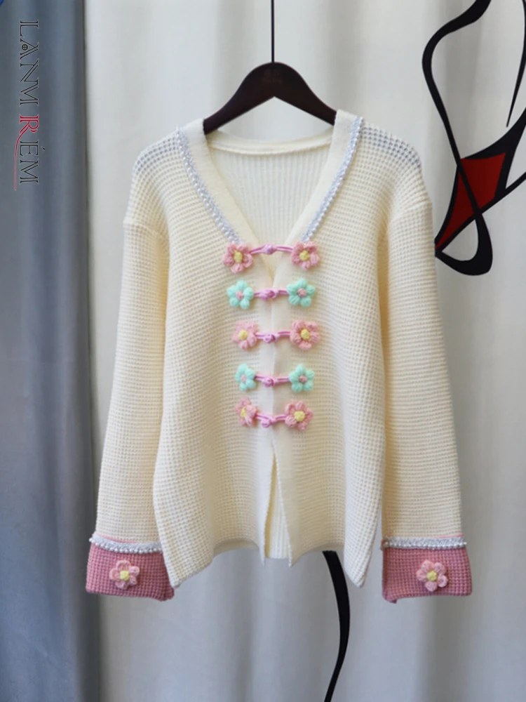 

Женский трехмерный вязаный свитер LANMREM, с пуговицами и цветными блоками, с v-образным вырезом, весна-зима 2023, 2R5904