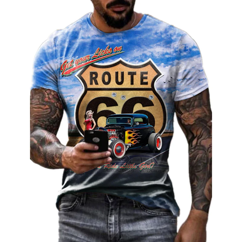 

2022 verano nuevos hombres sueltos de manga corta carta 3D camisa de impresión de gran tamaño cuello redondo Ruta 66 estampado e