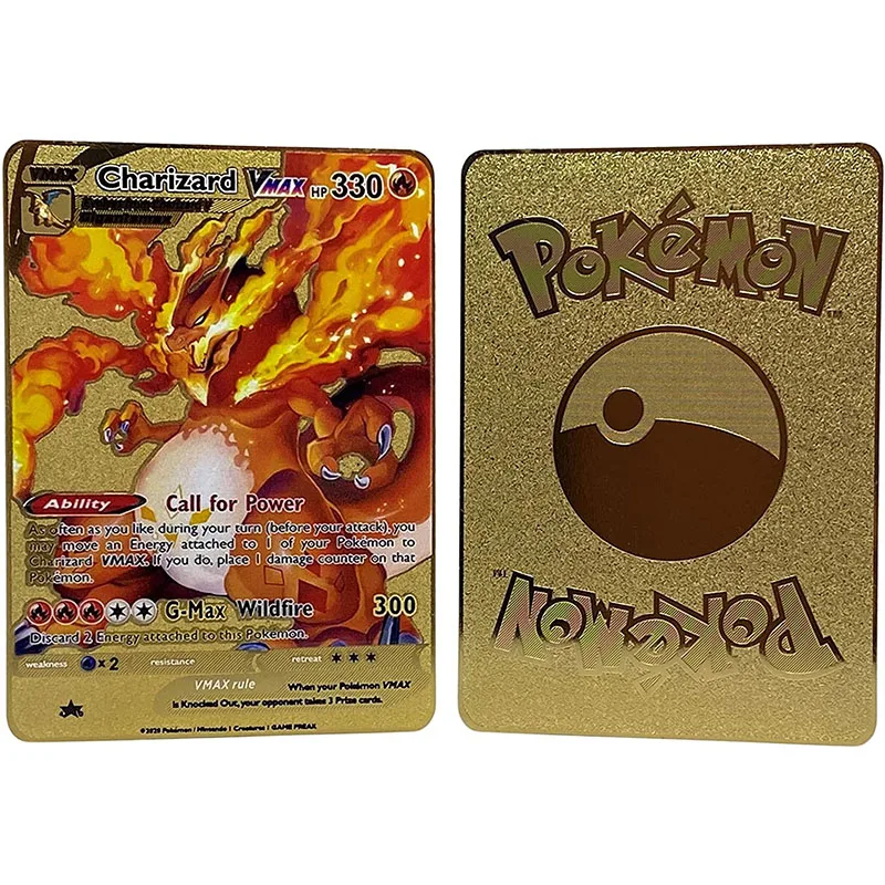 

8.8*6.3cm Pokemon Gold card Charizard VMAX Call for Power Gold Metal Card Collection toys for children