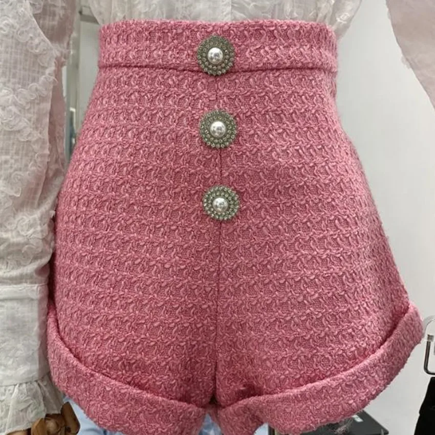 Winter New Classic Small Fragrance Tweed Shorts Women High Waist Elegant Pearl Buckle Simple Solid Color