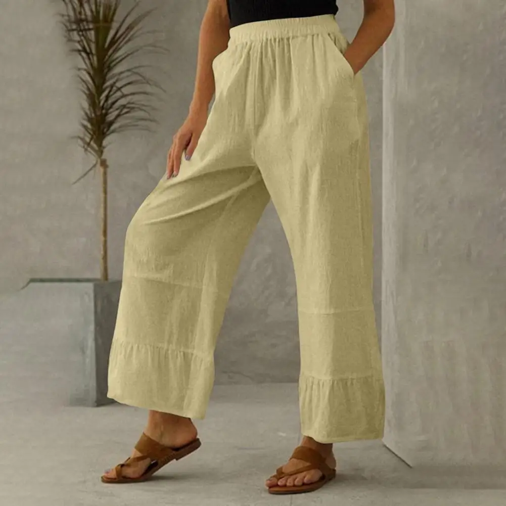 

Mid-Rise Elastic Waist Slant Pockets Woman Pants Pleated Stitching Straight Wide Leg Casual Trousers Female Clothing 2022