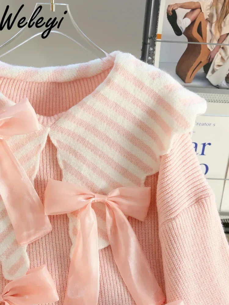 Нежный женский кукольный воротник с бантом розовый свитер теплые топы женские