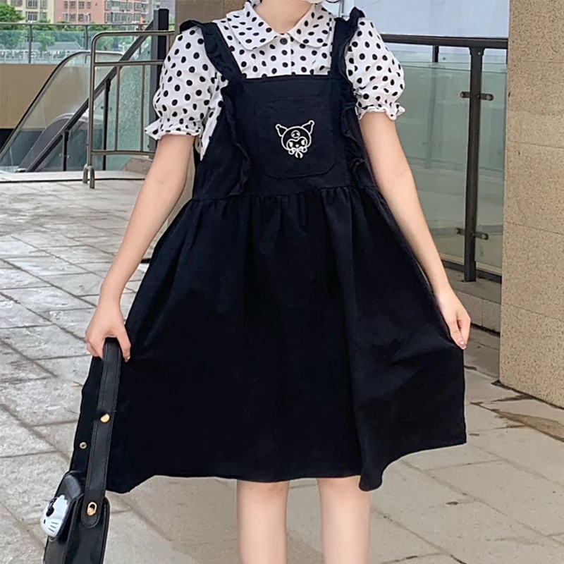 

Kawaii Sanrio Dress Cute Polka Dot Lace Top Short Sleeve Anime Kulomi Skirt Ruffle OP Sweet Girl Lolita Summer Vest Dress Gifts