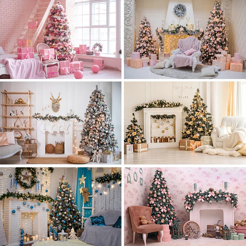 

Pink Christmas Tree Brick Wall Window Background Living Room Decor Children Portrait Photograph Backdrop Family Photocall Poster