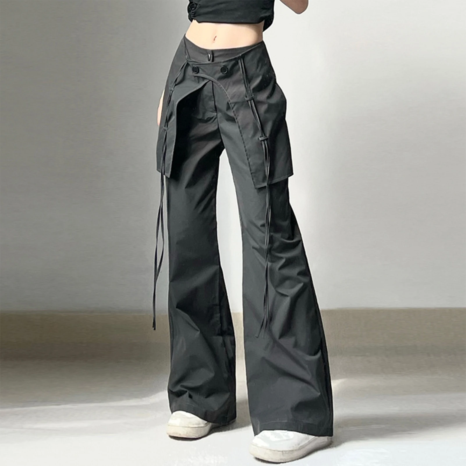 

New Cargo Pants Women Retro Y2K Baggy Pants Mid Waist Women Loose Black Solid Color Vintage Relaxed Fit Drawstring with Pockets