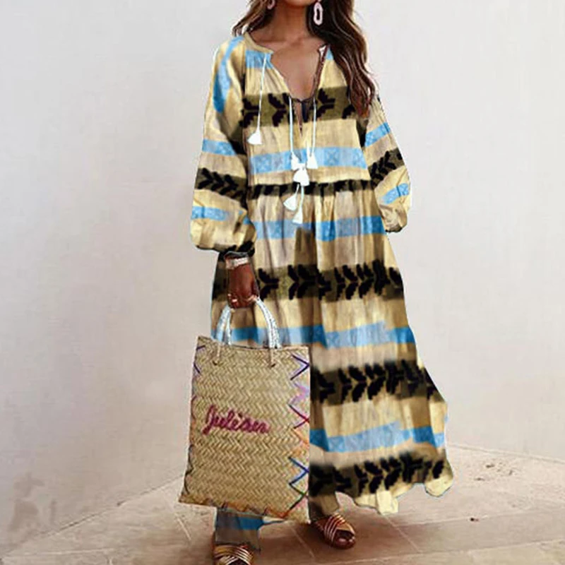 

Women Sexy Boho Beach Party Dress Vintage Print Lace Up Tassel Ruffle Lantern Sleeve Long Dresses Elegant Fashion Baggy Clothing