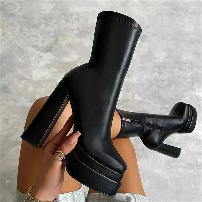 2022 Sexy Chunky High Heels Ankle Shoes for Women Punk Style Zipper Thick Platform Elasticity Microfiber Boots Sapatos Femininos
