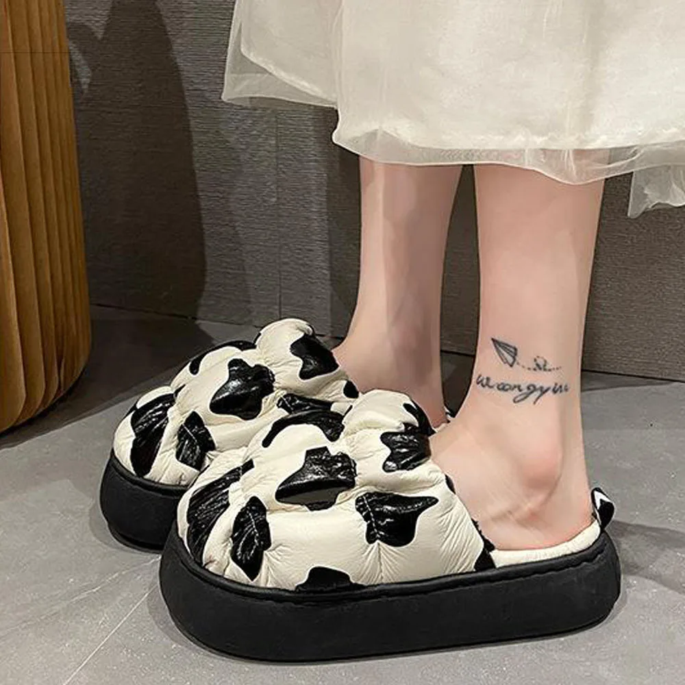 

Fashion New Winter Slippers Women Platform PU Plush Slides Cow Print Warm Home Indoor Slippers Outdoor Waterproof Mules Shoe Hot