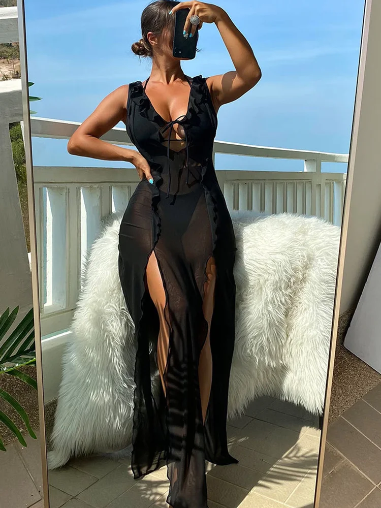 

Микро-бикини MICENDY для женщин, купальник, накидка, сексуальное бикини, 3 предмета, черная сетка, прозрачное пляжное платье, купальник, пляж