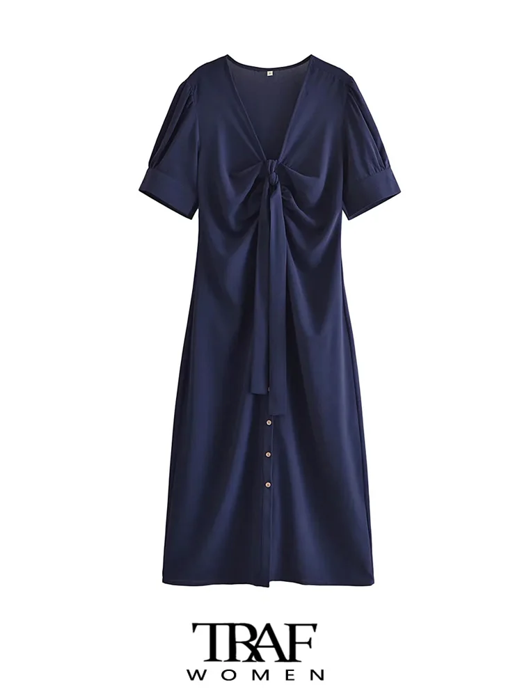 

TRAF Women Fashion Front Bow Tied Pleated Midi Dress Vintage Short Sleeve Button-up Female Dresses Vestidos Mujer