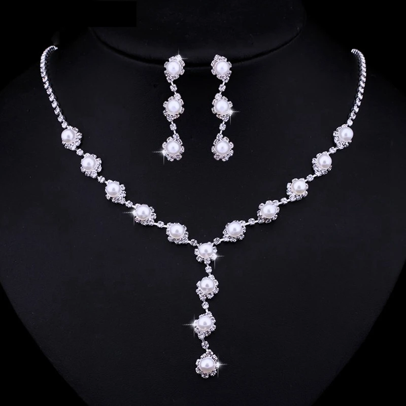 

Блестящие Серебряные наборы свадебных ювелирных украшений разы кристалл и жемчуг цвета слоновой кости свадебное ожерелье серьги