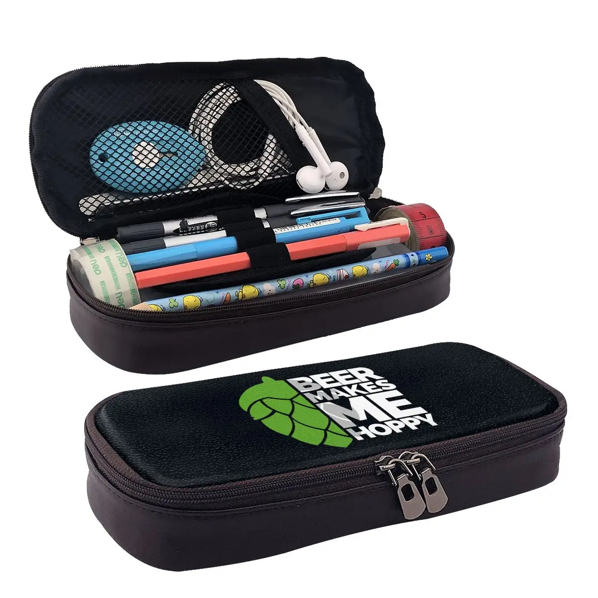 

Beer Makes Me Hoppy Leather Pencil Case Zipper Pencil Box Stationery Pen Pouch for Boys Girls School Students Work Office
