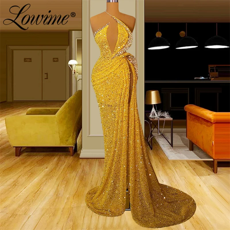 

Lowime Yellow Beads Crystals Long Party Dress 2022 Long Prom Dresses High Split Customize Arabic Evening Gowns Vestido De Festa