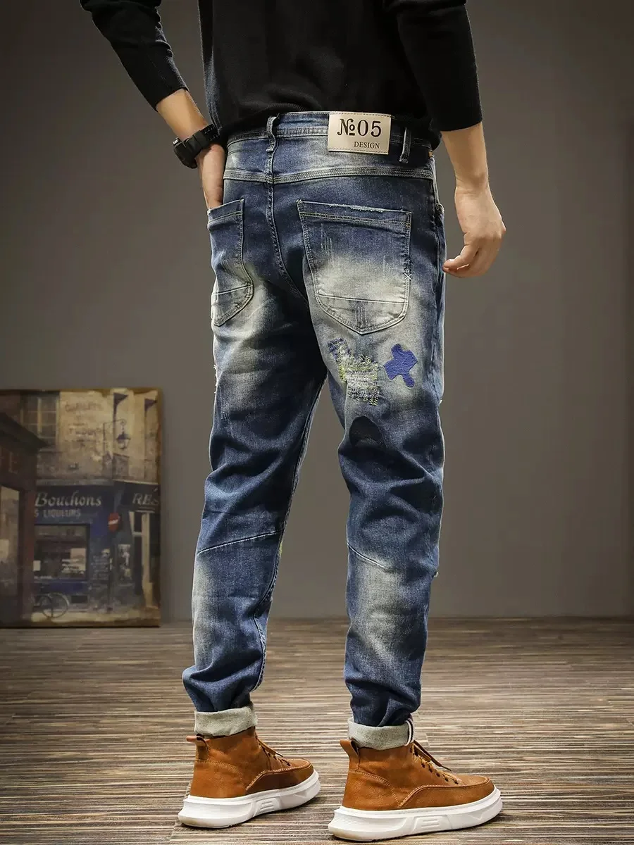 Spring And Summer Embroidered Personality Colorful Slim-Fit Jeans Men'S Ripped Patch Light-Colored Youth Long Trousers Trendy