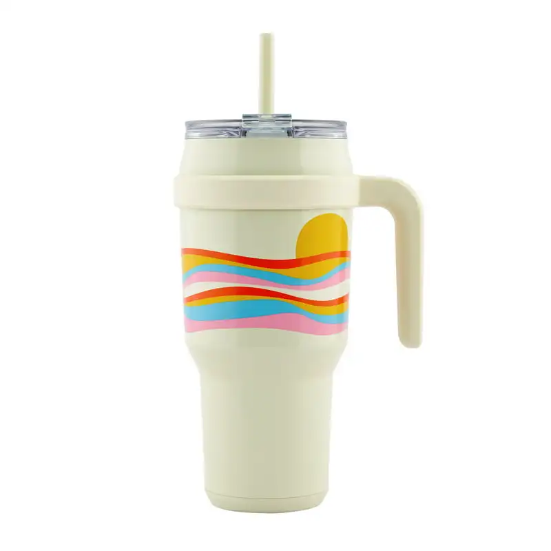 

Insulated Stainless Steel Cold1 40oz Tumbler with Handle, 3 Way Lid, & Straw Sunrise Print with Opaque Gloss