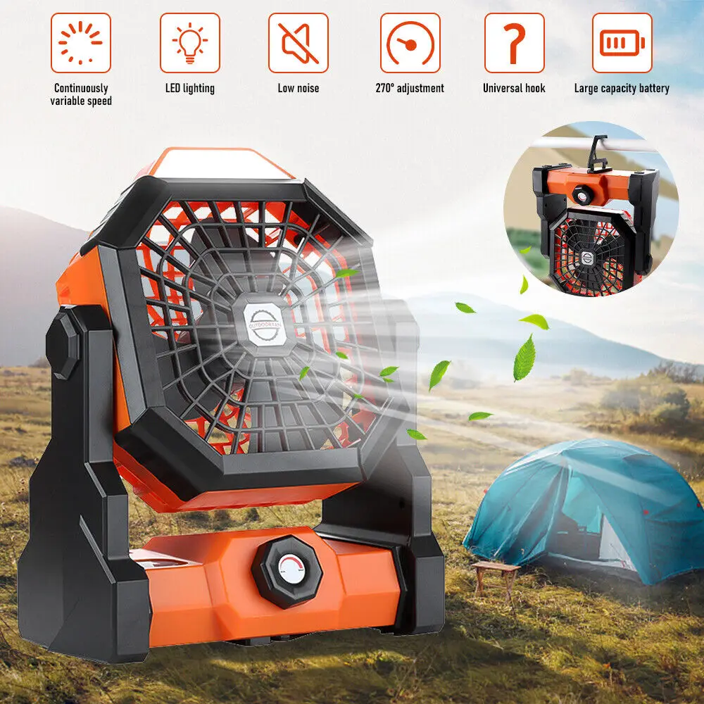 

New Portable Camping Fan 7800mAh Rechargeable Battery Operated Powered Fans With Light & Hook 270° Head Rotation For Camping