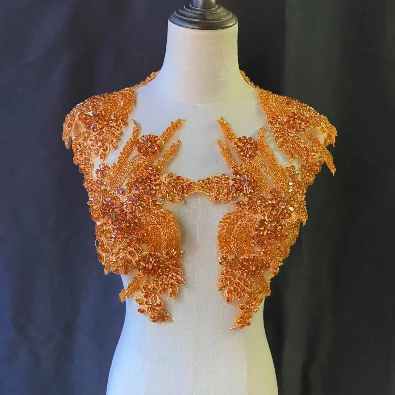 1 Pair Luxurious Orange Crystal Applique Vintage Flower Rhinestone Bodice Patch for Costume,Wedding Dress,Couture,Bridal Decor