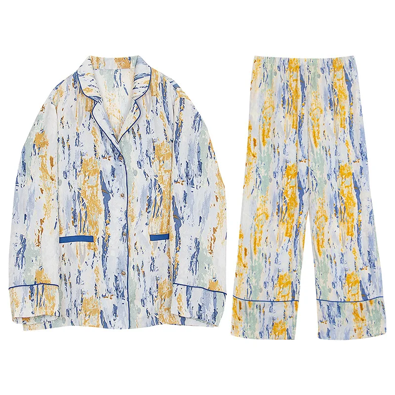 Fall Printed Pajamas Set Loungewear Sleepwear for Women 2 Pieces Long Sleeve with Pants Suit Silk Satin Female Pyjama Homewear