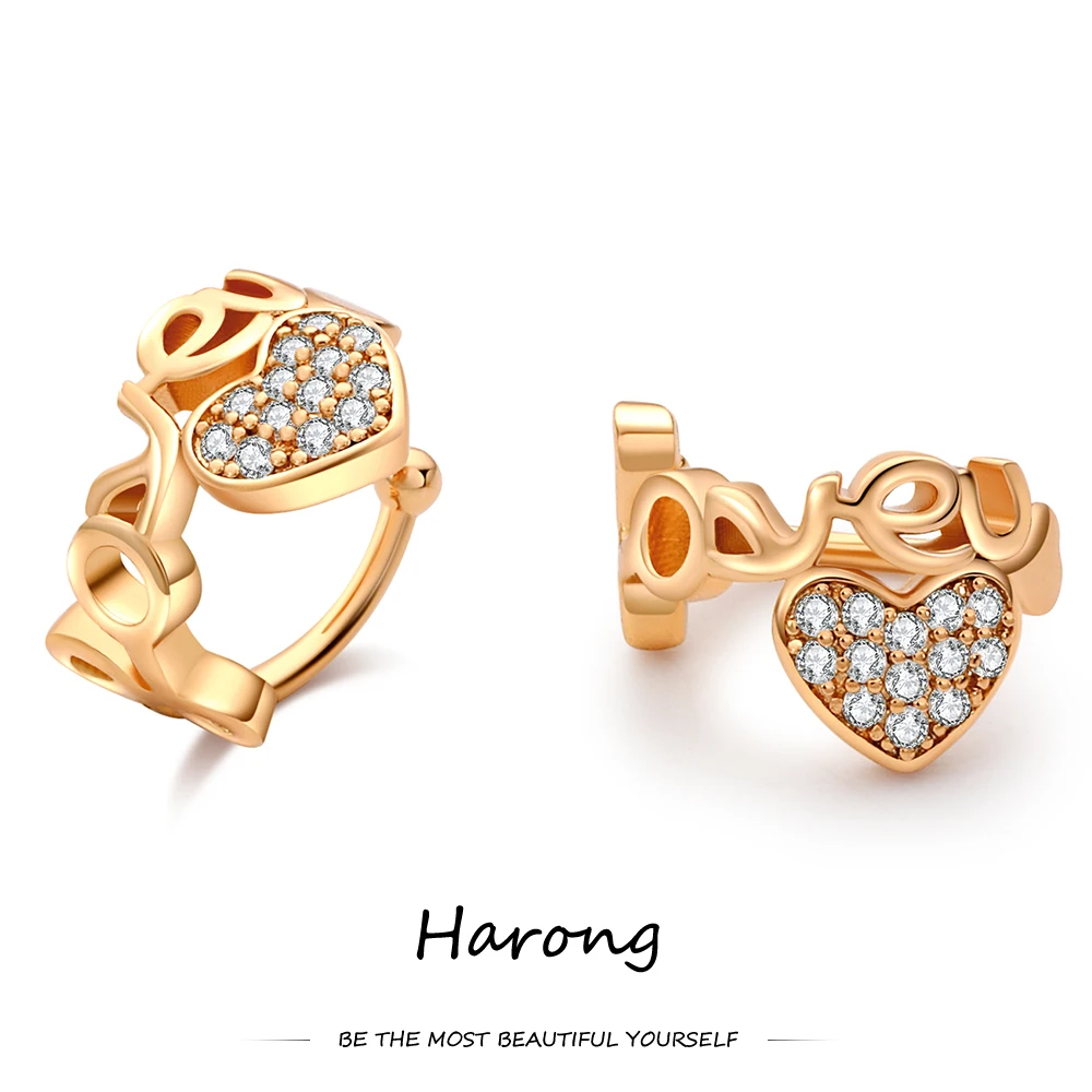 

Harong Trendy Love Heart Ear Clip Copper Rose Gold Color Inlaid Crystal Adjustable Clip Earrings for Women Jewelry Gifts