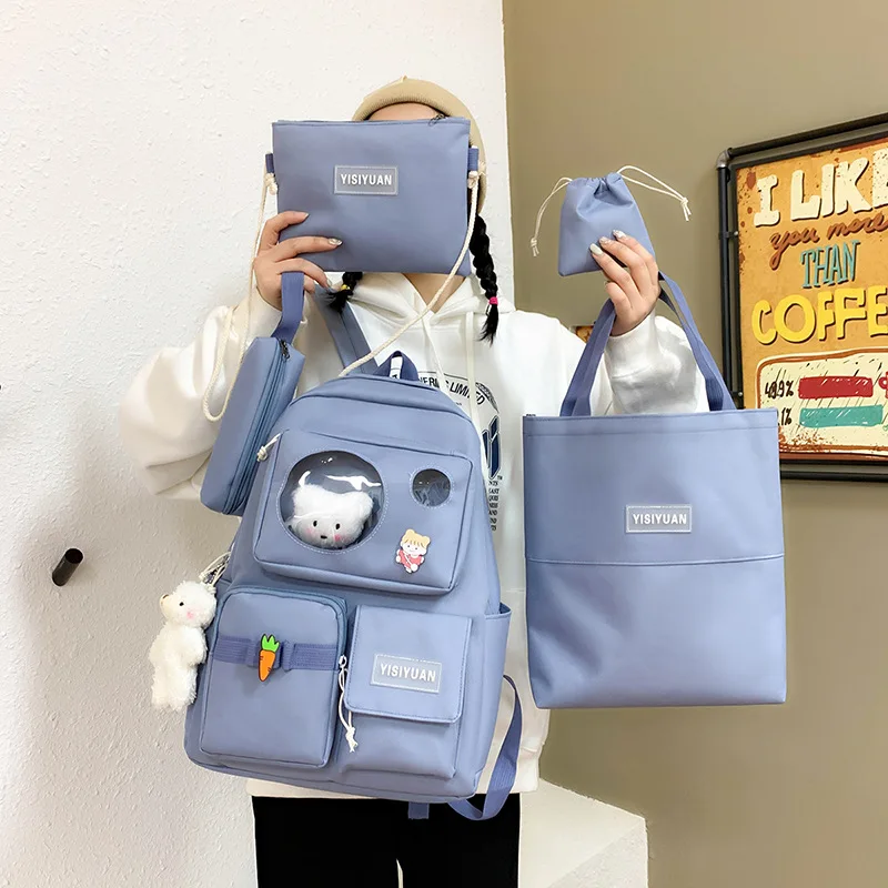 5Pcs Set Cute Bear Canvas Schoolbags for Teen Girls Female Children Tote Shoulder Bag Fashion Women Kawaii Backpack Bookbags | Багаж и