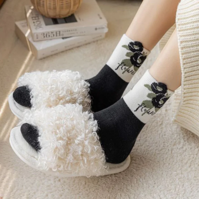 5 Pairs Keep Warm Cashmere Socks Woman Flowers Print Long Winter Socks Set Fashion New Cycling Leg Warmers Kawaii Calzini Donna
