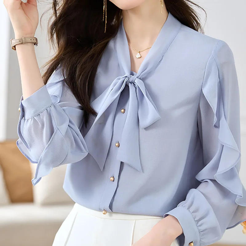 

Elegant Office Lady Blue Shirt Autumn New Long Sleeve Blouse Women Sweet Bow Ruffles Tops Button Up Chiffon Shirts Clothes 29317