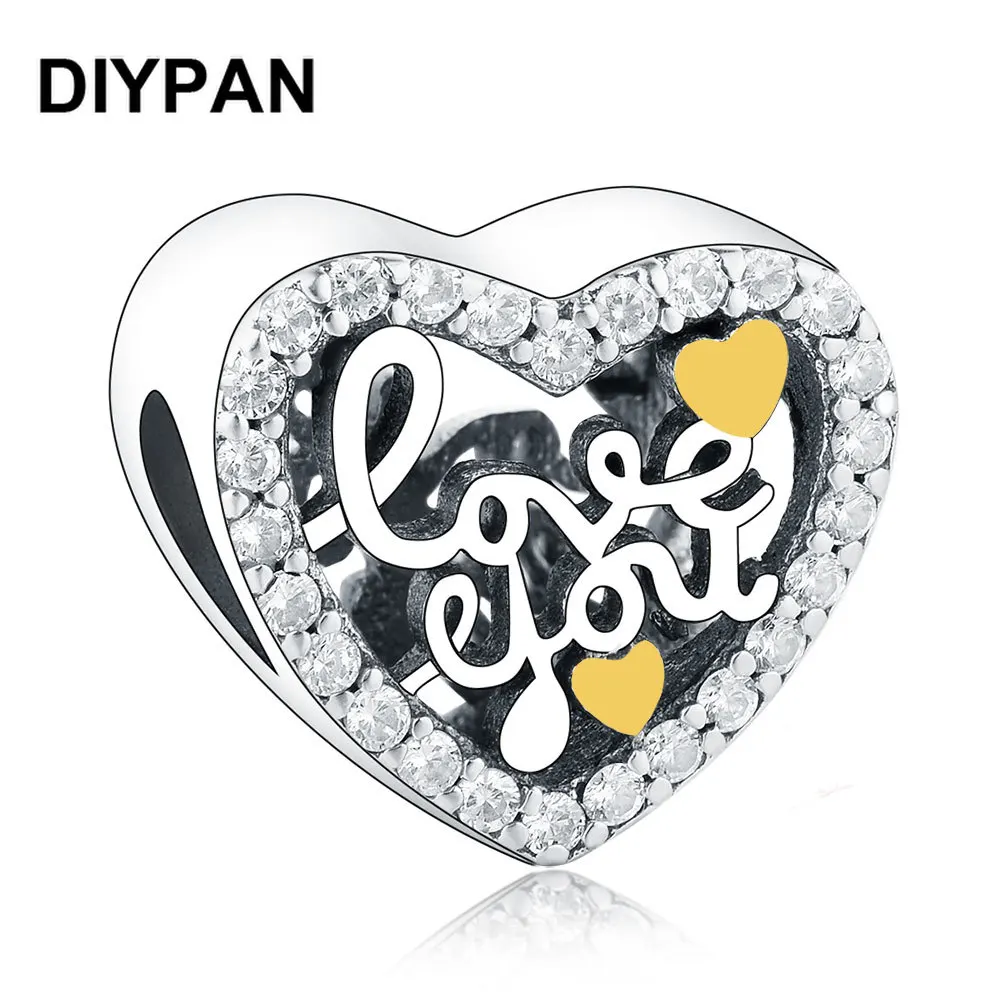 

Подвески в форме сердца Love You, подходят для оригинальных браслетов-талисманов Pan, прозрачный кубический цирконий, бусины для изготовления юв...