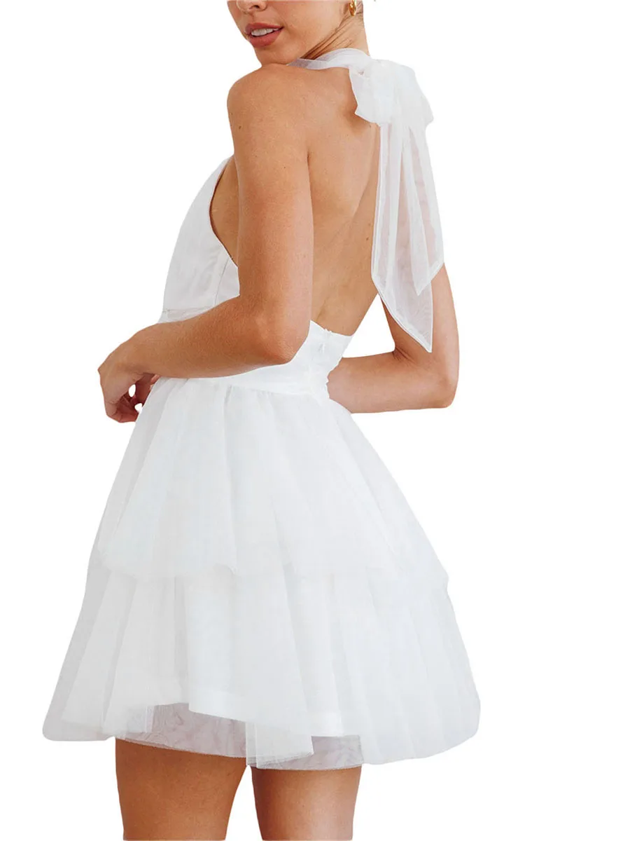 

Женское Сетчатое платье с рюшами, элегантное Тюлевое платье с лямкой на шее и открытой спиной на завязках, ТРАПЕЦИЕВИДНОЕ летнее платье без рукавов, Y2k