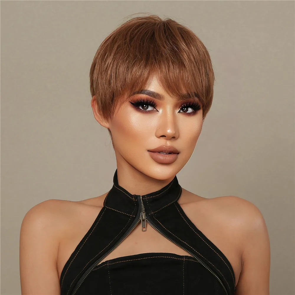 

Fluffy Bang Ginger Brown Short Blend Human Hair Pixie Cut Synthetic Wig Layered Natural Copper Heat Resistant Daily Wigs Women