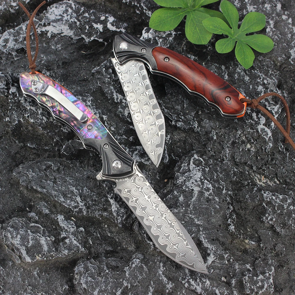 Складной нож из дамасской стали 76 слоев лезвие деревянная ручка