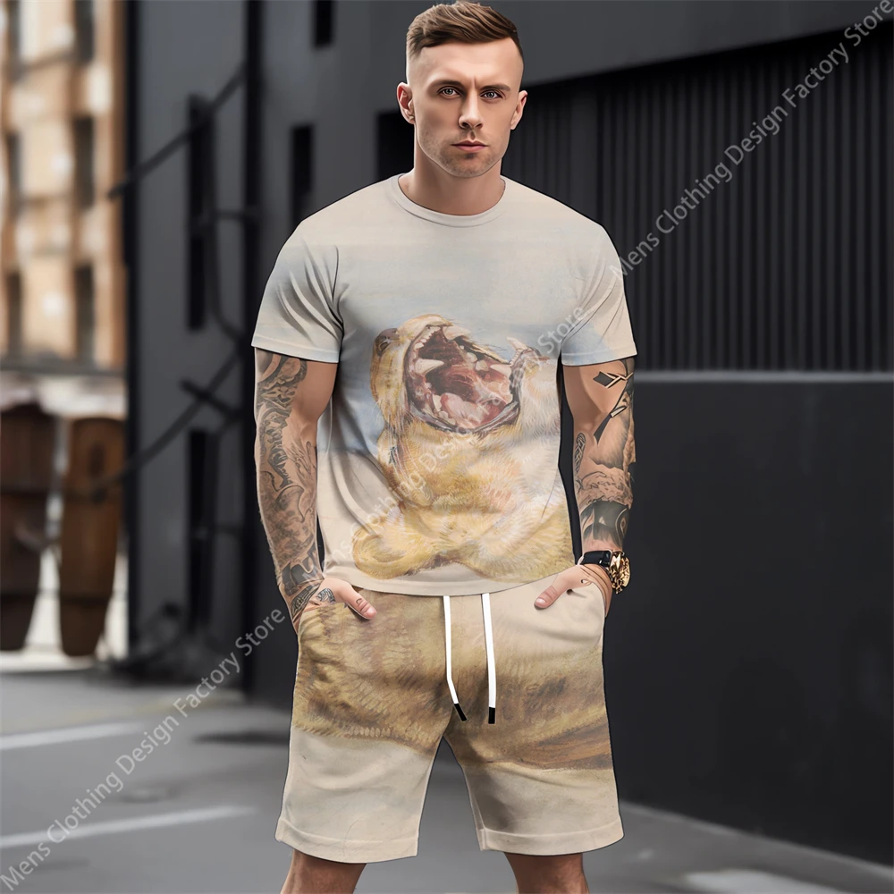 2023 Summer Tracksuit Men T-shirt+Shorts Fashion Men's Sweat-Shirt Set Men's Clothing 3D Abstract Animals Print Clothes For Men