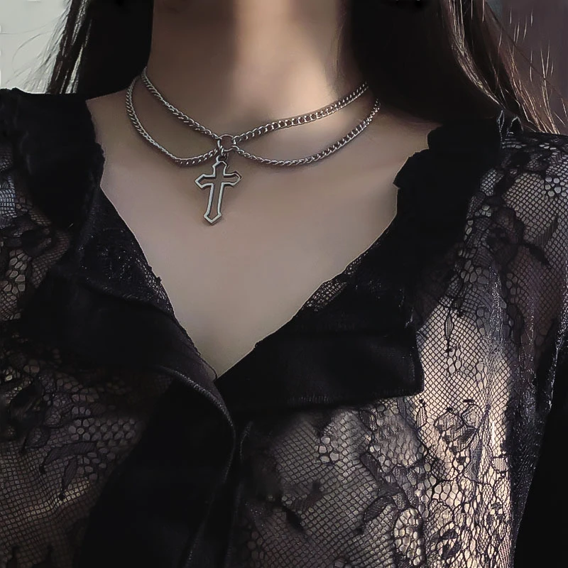 

Fashion Gothic Hollow Cross Pendant Necklace for Women Girl Hip Hop Double Clavicle Chain Choker Party Club Accessories Jewelry