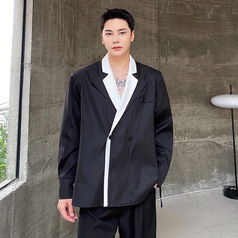 

SYUHGFA 2023 Autumn New Korean Styel Blazers Trend Men Contrast Color Double Neck Spliced Handsome Elegant Male Casual Suit Coat