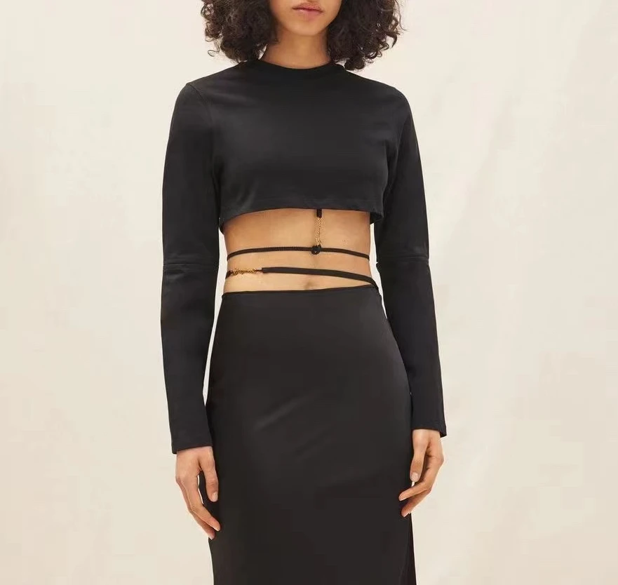 

132398 132397 Классическая модная роскошная дизайнерская женская осенняя футболка с коротким поясом и буквенным логотипом, декоративная футболк...