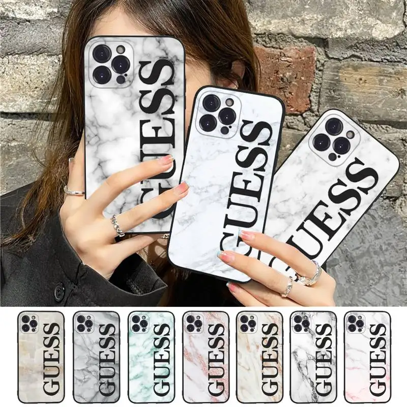 

Black Pale Pink Brand GUESS Marble Texture Design Phone Case For iPhone 13 11 8 7 6 6S Plus X XS MAX 5 5S SE 2020 XR 11 pro