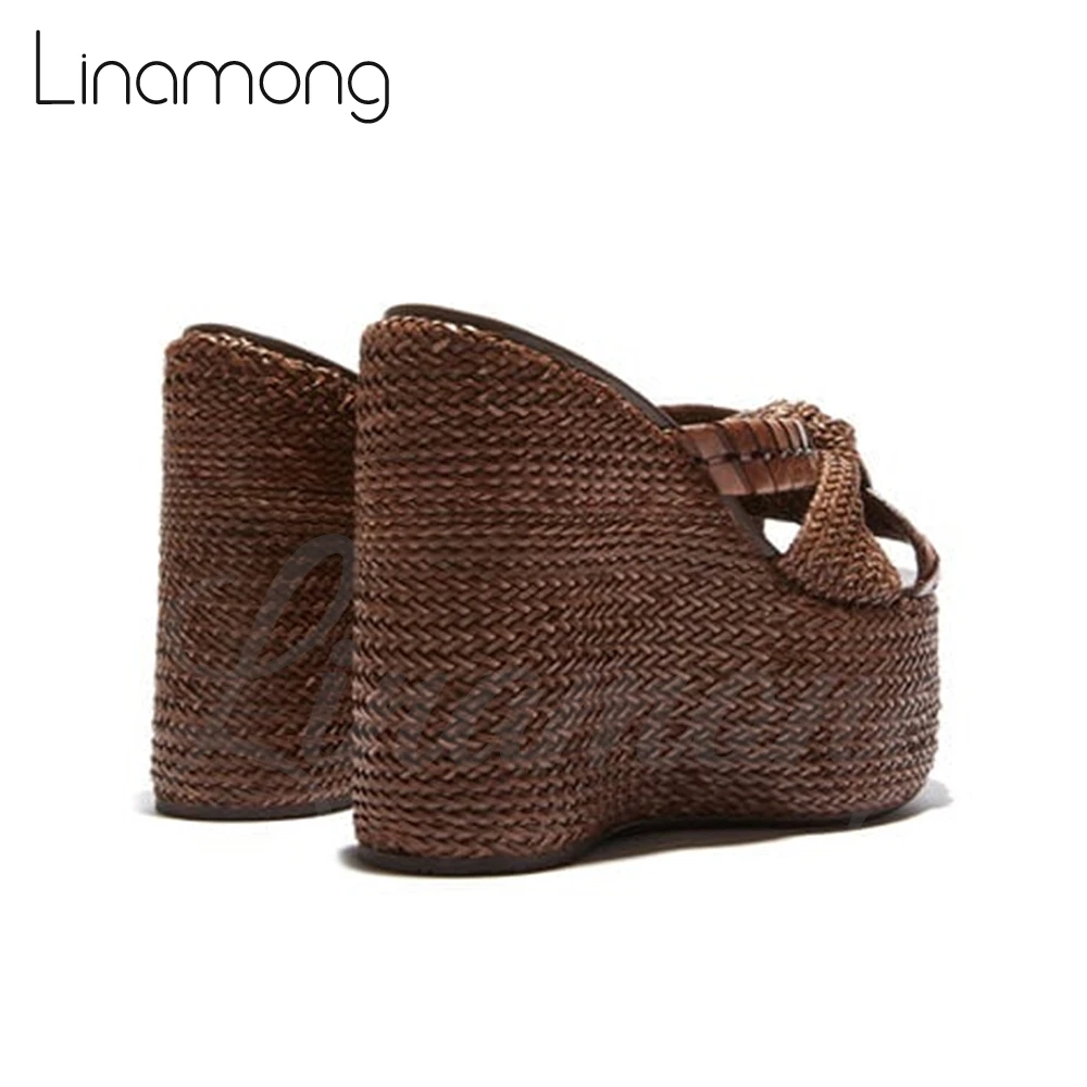 Wedge Slippers Braided Leather Summer Sandals Brown Espadrilles Super High Heel Mules for Women Gold Rhinestone Luxury Slippers