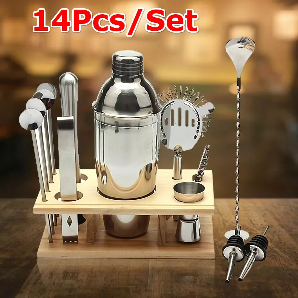 

14Pcs/Set Party Bar Professional Bartender Kit Mixer 550ml Shaker Bar Set Premium Barware Tool Supplies with Wood Frame
