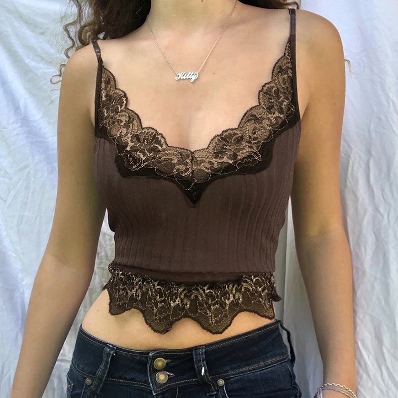 

Goth Aesthetic Lace Patchwork Tank Tops for Women Sexy V-Neck Brown Retro Crop Tops Summer 90s Fashion Casual Camisole