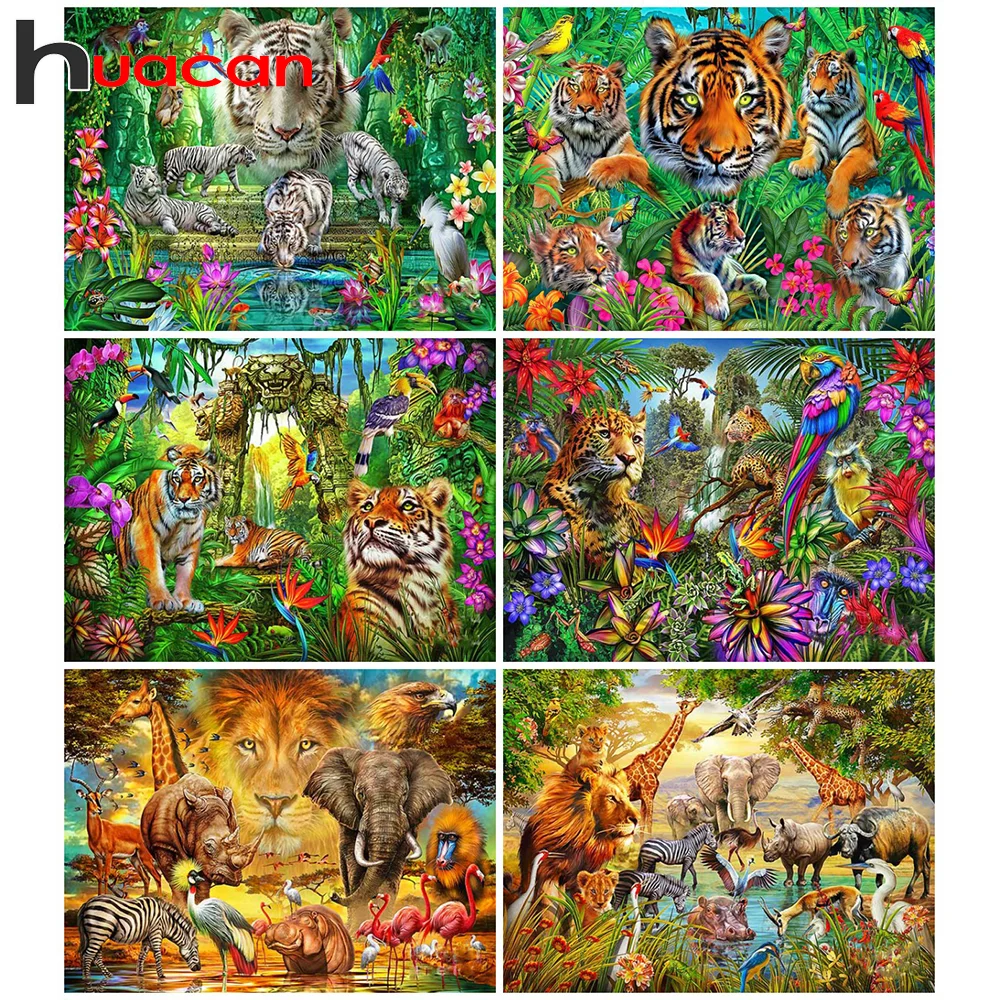 

Набор для алмазной вышивки «сделай сам» Huacan, мозаика из квадратных/круглых страз с изображением тигра, Льва, творческие украшения для спаль...