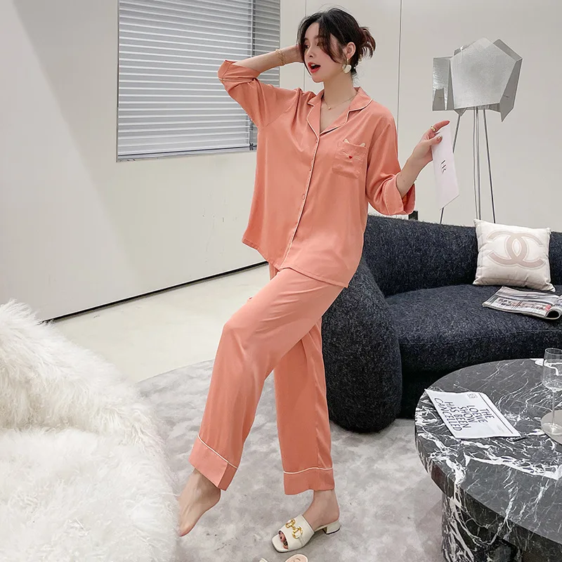Pajamas women's new imitation silk short-sleeved trousers cat embroidery suit pajama set women