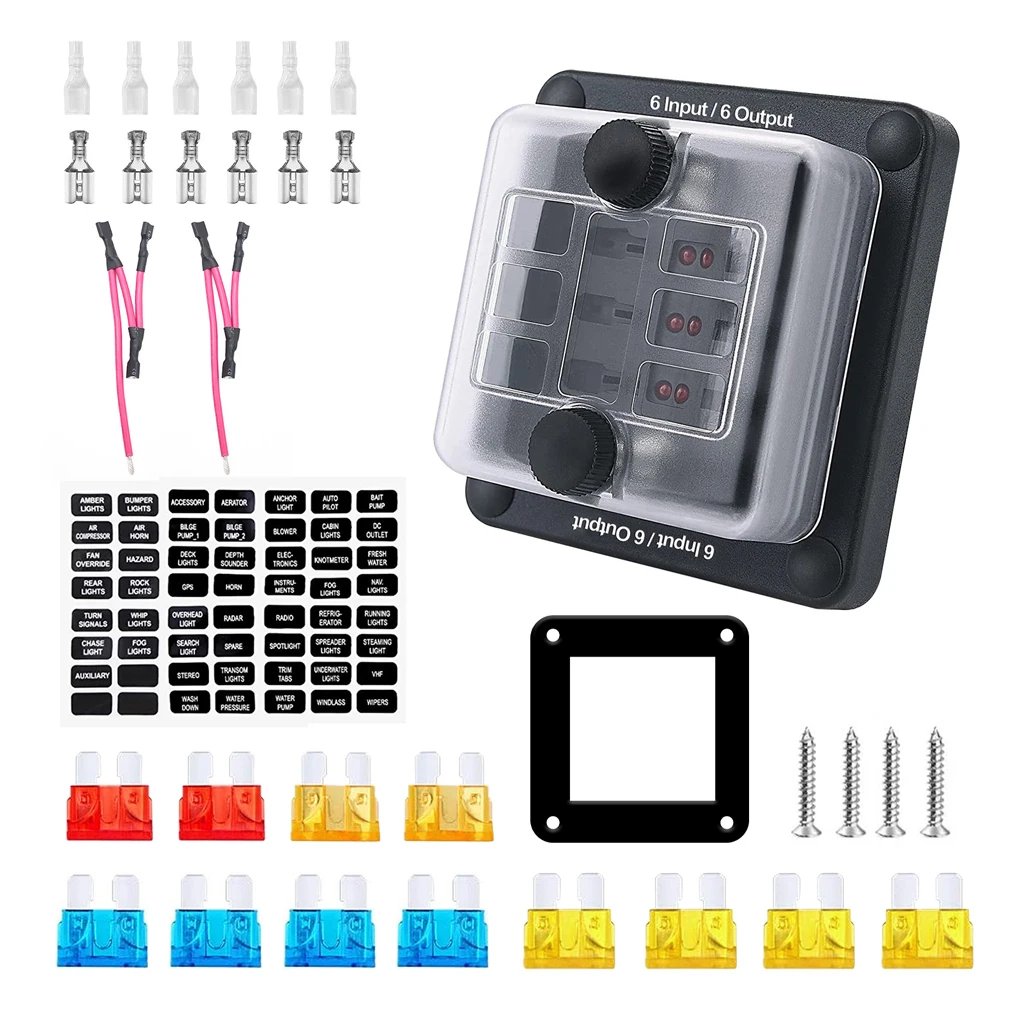 

34 Pieces Set Universal 6-way 1-in-1-out 32V Fuse Box Headlight Fog Light Panel Board Waterproof Fuses Block Holder
